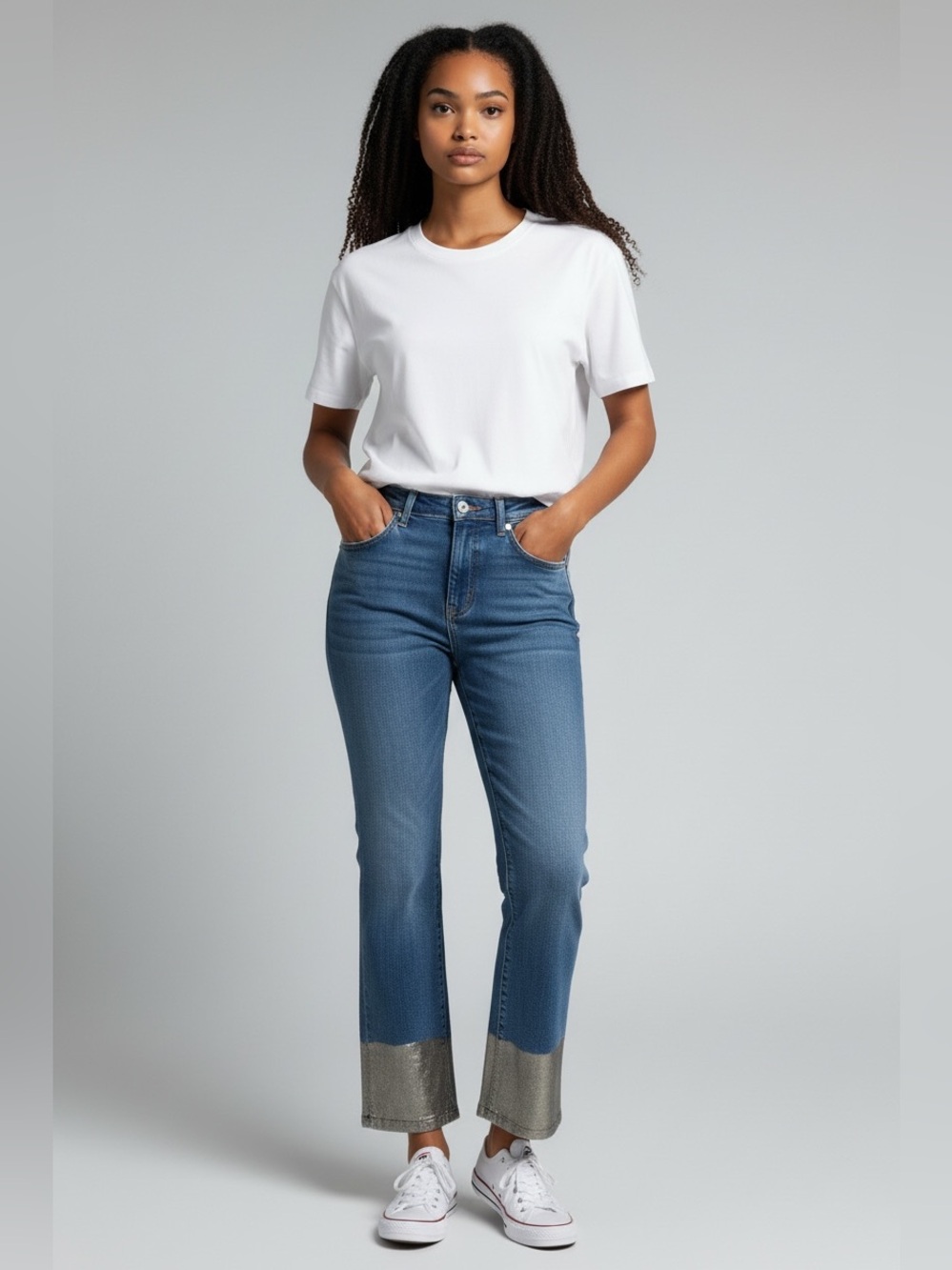 Rag & Bone NY Mid-Blue Jeans with Metallic Hem